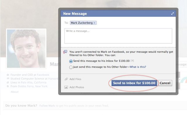 Facebook’ta Zuckerberg’e özel mesaj göndermek 100 dolar